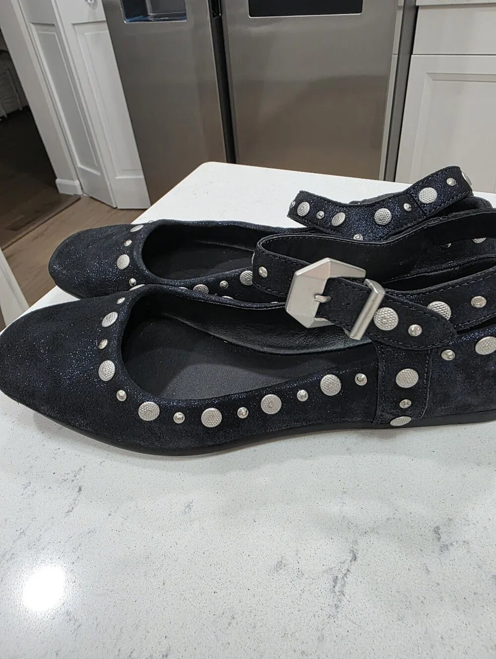 Free People Navy Metallic Mystic studded Mary Jane Flats size 9.5